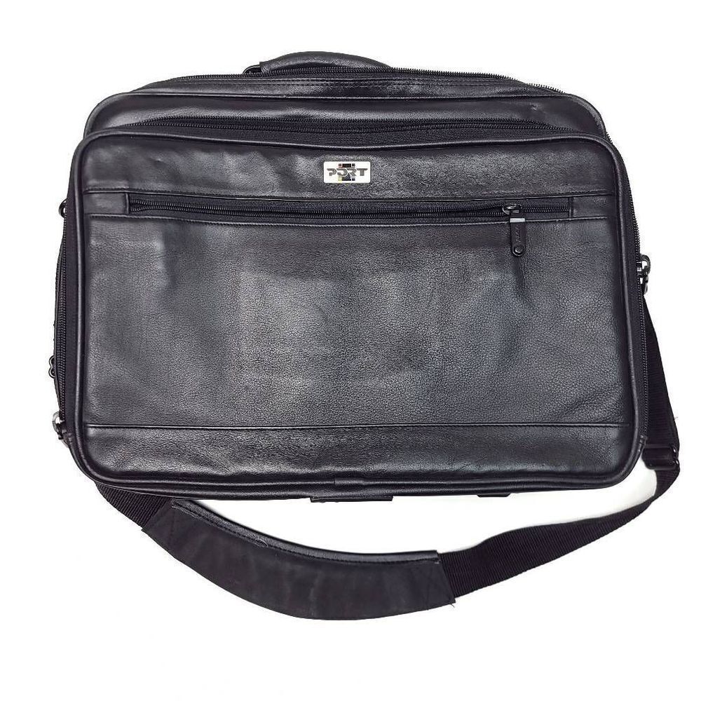 Port Black Leather Briefcase Messenger Bag Body Strap Luggage Travel Vintage